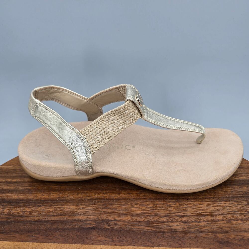 Vionic Brea Sandals Womens 9.5 Wide Gold Metallic Leather Orthotic Toe Post